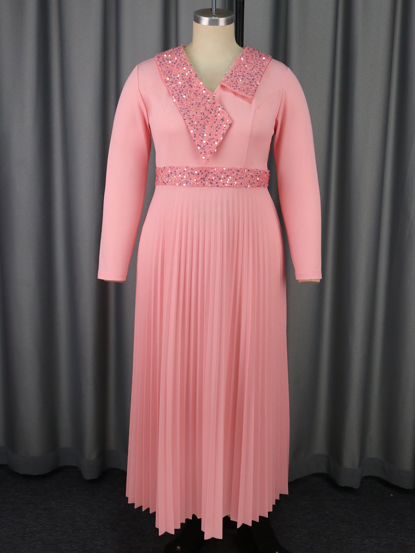Women pink sequined v-neck pleated party dress 9