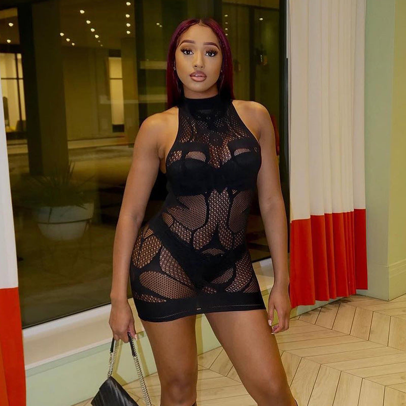 Fashion Women Spring Solid Color Sexy Bodycon Slim See-Through Dress 4