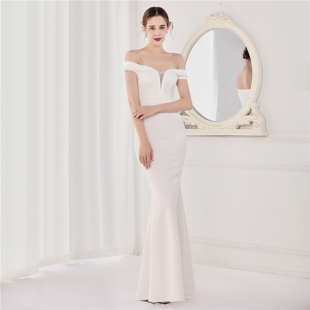 Summer Elegant Plain Off Shoulder Short Sleeve Evening Dress 8