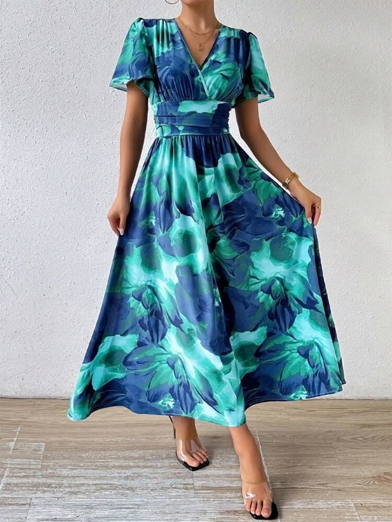Plus Size Women Elegant V Neck Tie-Dye Print Maxi Dress 3