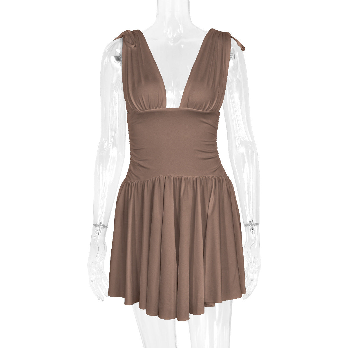 Summer Women's Sexy Deep V Neck Solid Color Strap Mini Dress 14