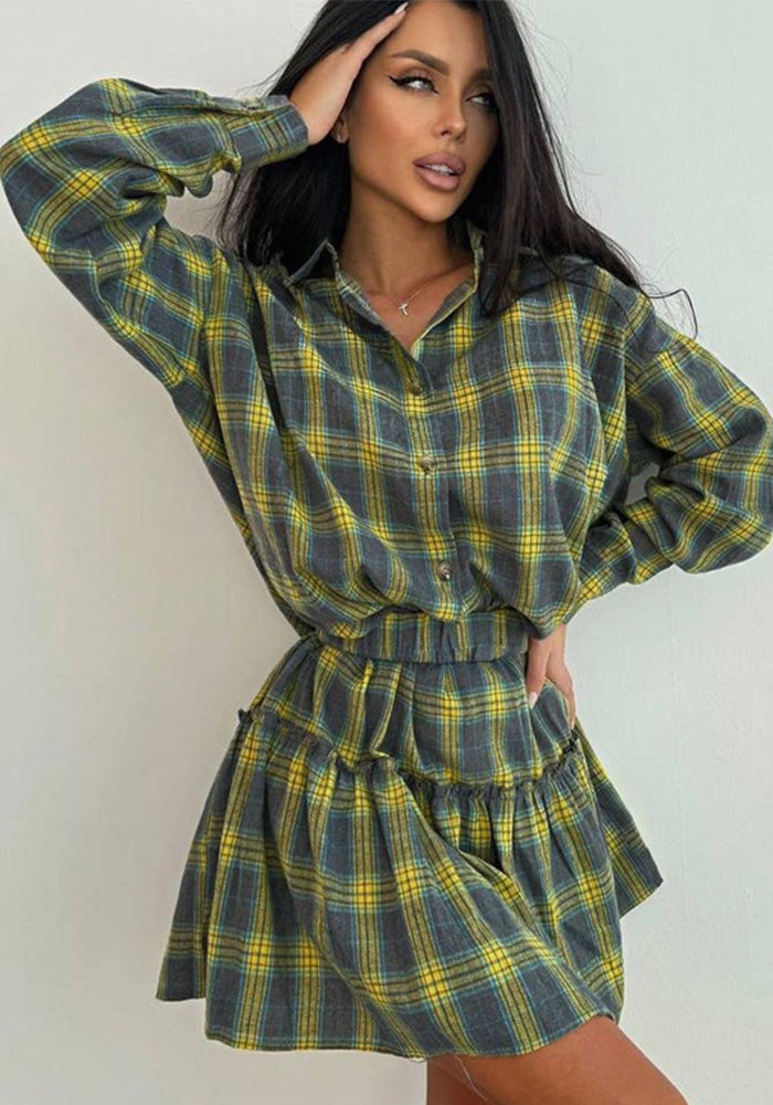 Women Plaid Long-sleeved Shirt and Pleated Skirt Two-piece Set