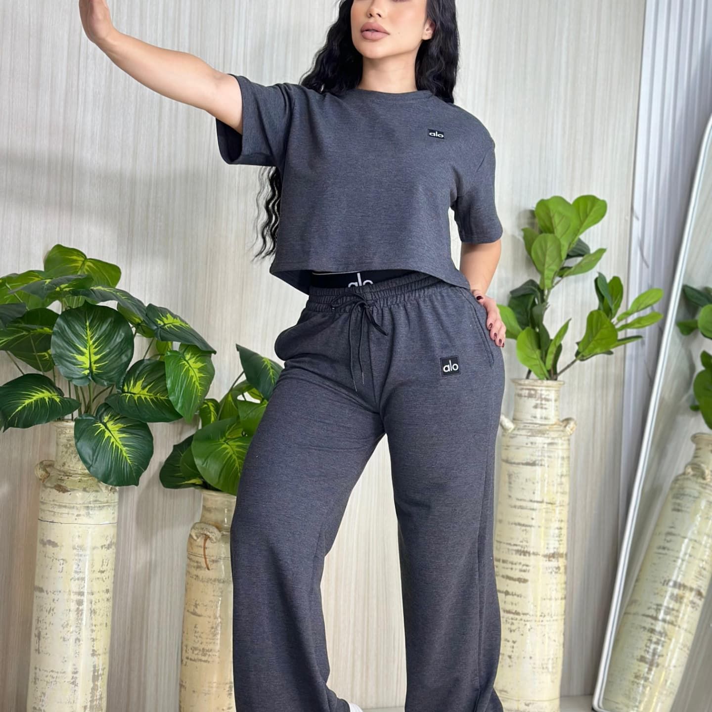 Fashion Casual Set Embroidered Letter Double Waistband High Waist Wide Leg Pants Set 7