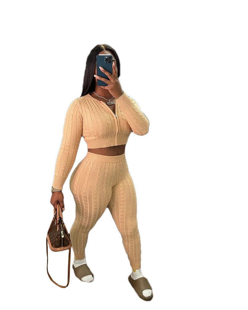 Women Solid knitting sweater and trousers two-piece set 10