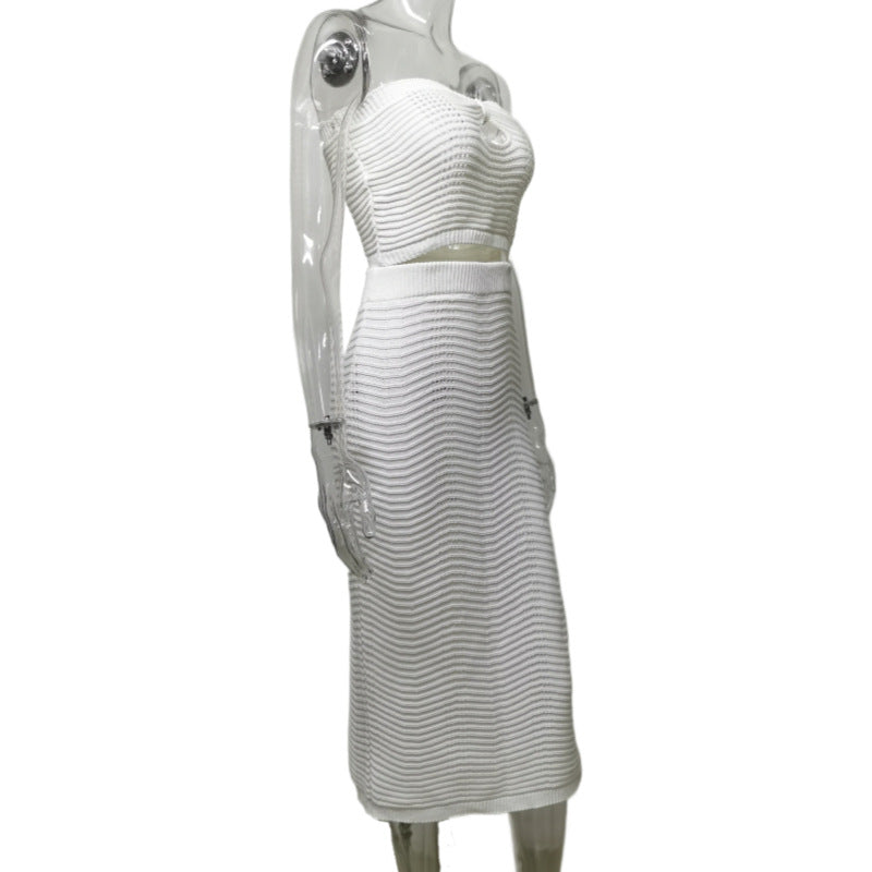 Women Spring Sleeveless Strapless Top and Slit Skirt Two-piece Set 8