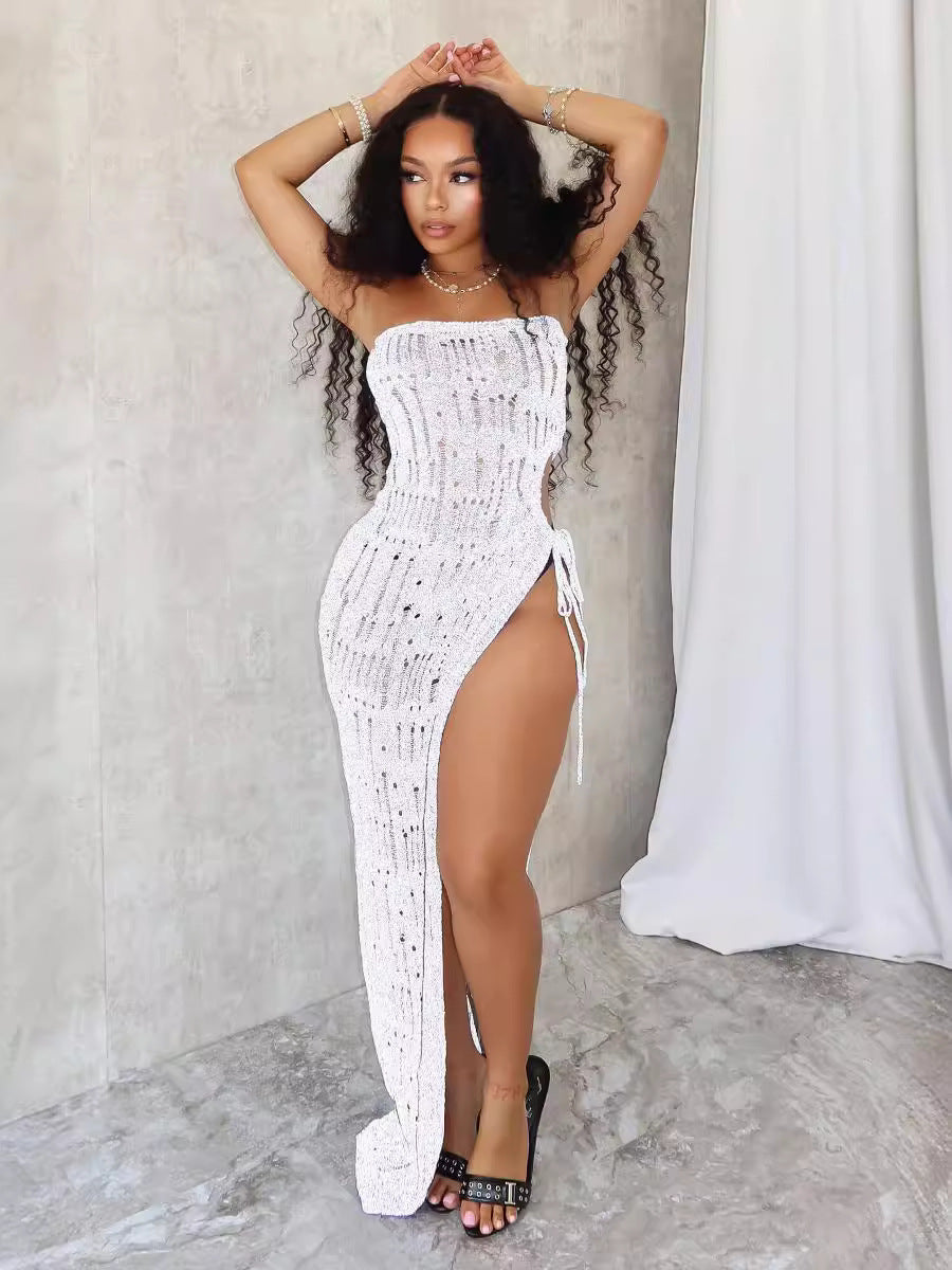 Women's Fashion Strapless Slim Waist Slit Knitting Dress 3