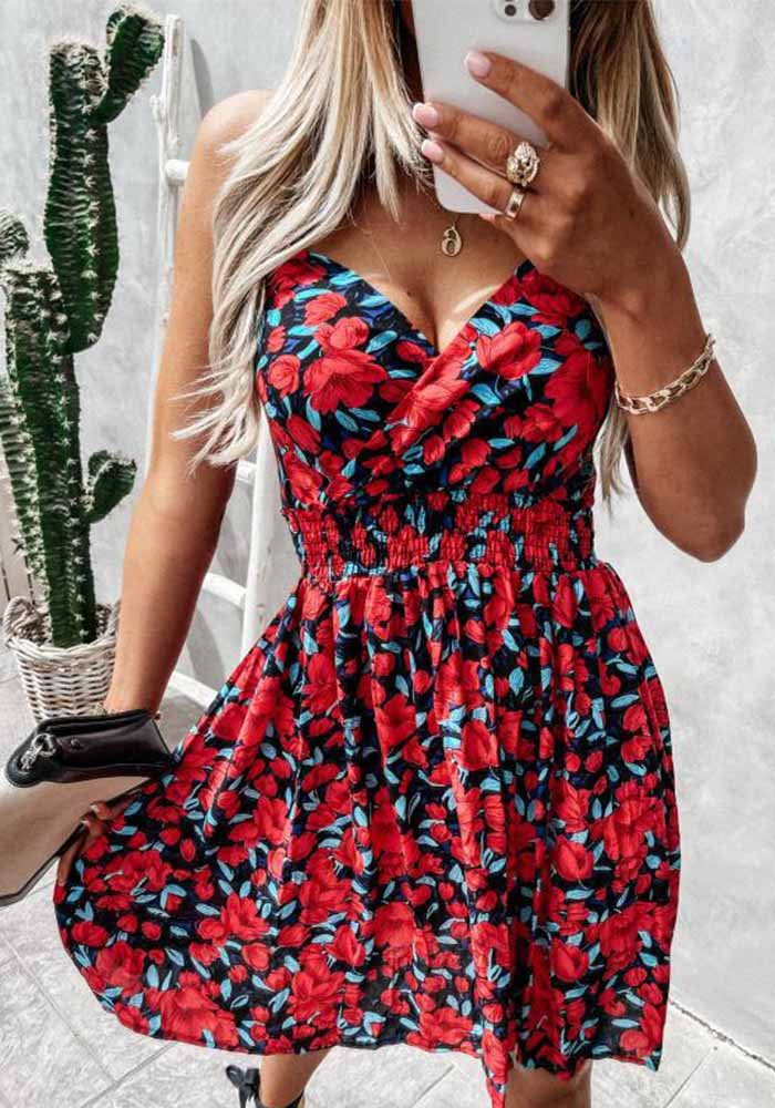Summer Fashion V-Neck Floral Strap Slim Waist Casual Dress