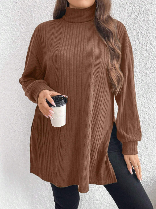 Plus Size Women High Neck Slit Knitting T-Shirt 4