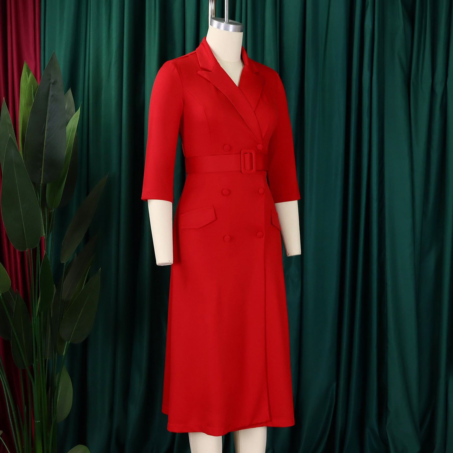 Women's Fashion Chic Double Breasted Turndown Collar Solid Color Career Dress 6