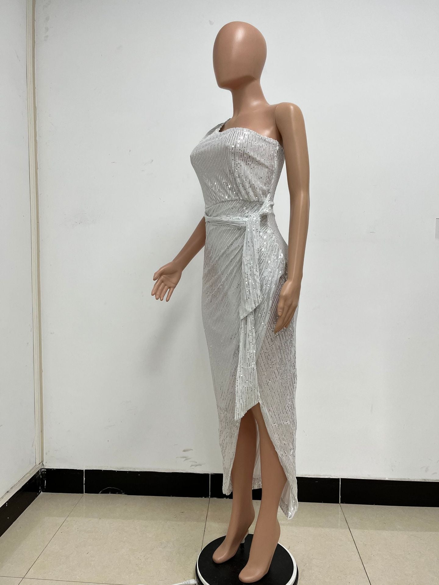 Women's One-Shoulder Lace-Up Sequined Evening Dress 82