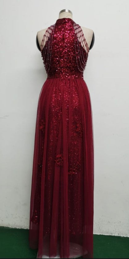 Summer Occassional Red Sequin Mesh Patch Halter Evening Dress 10