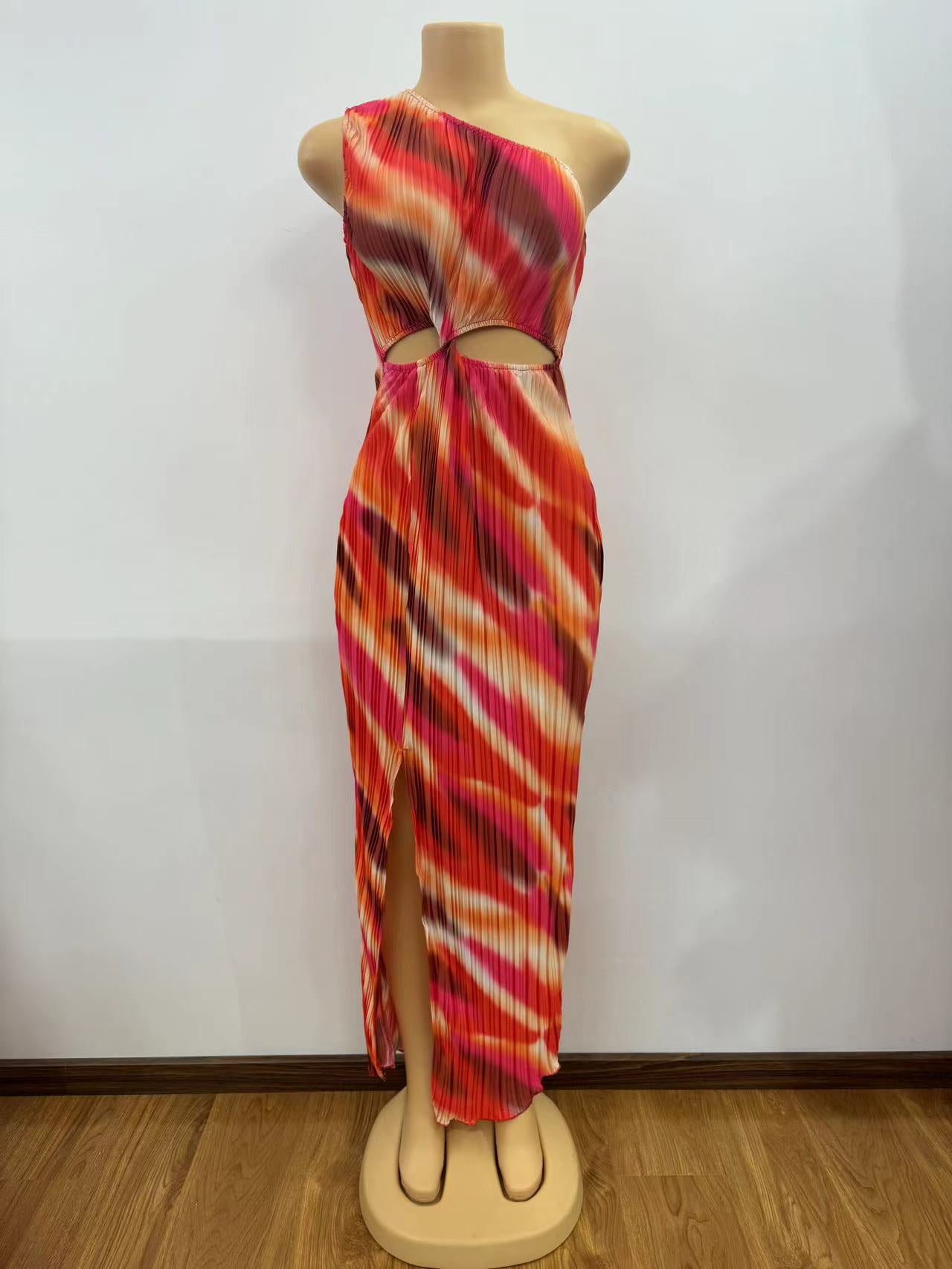 Summer Women Slash Shoulder hollow print slit bodycon dress