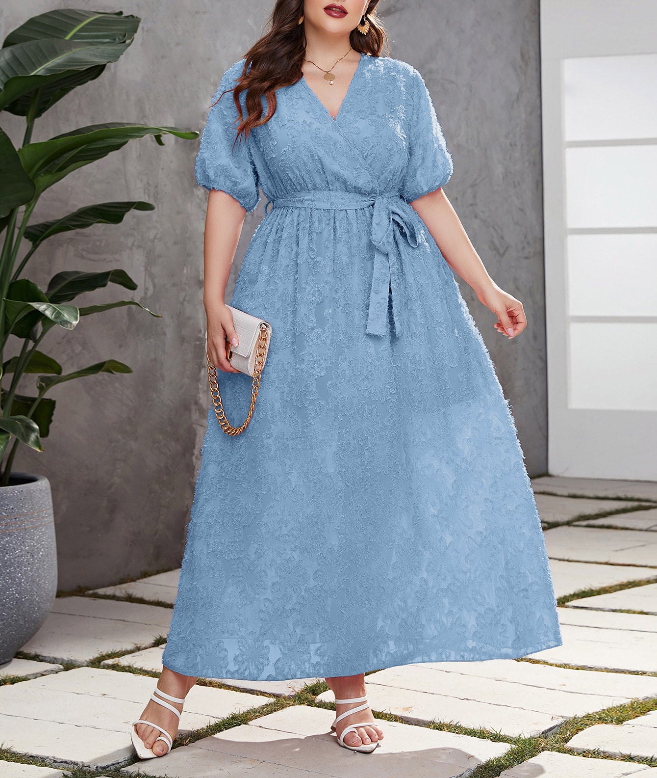 Plus Size Women's Elegant Wrap V-Neck Lace Chic Slim Waist Long Dress 7