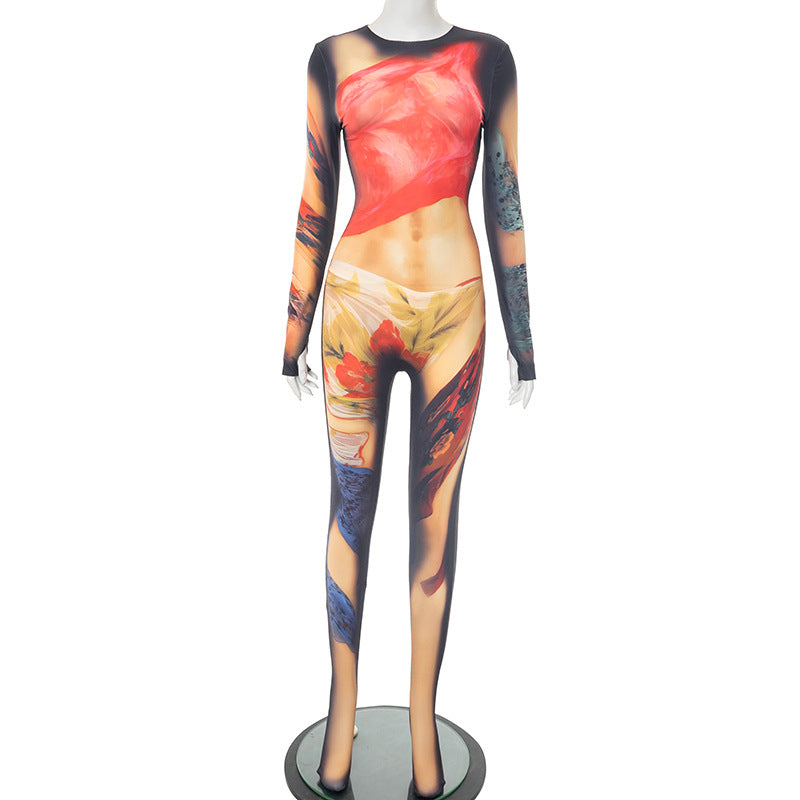 Women Body Painting Print Round Neck Long Sleeve Leg-Connected Jumpsuit 5