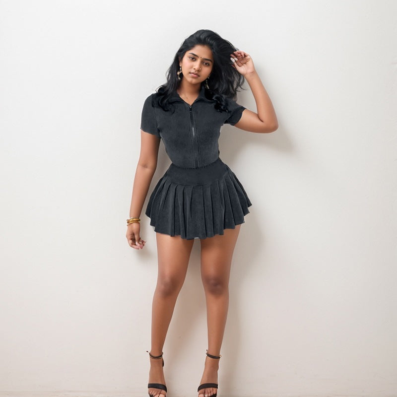 Women Casual Knit Solid Zipper Short Sleeve Top and Pleated Skirt Two-piece Set 5