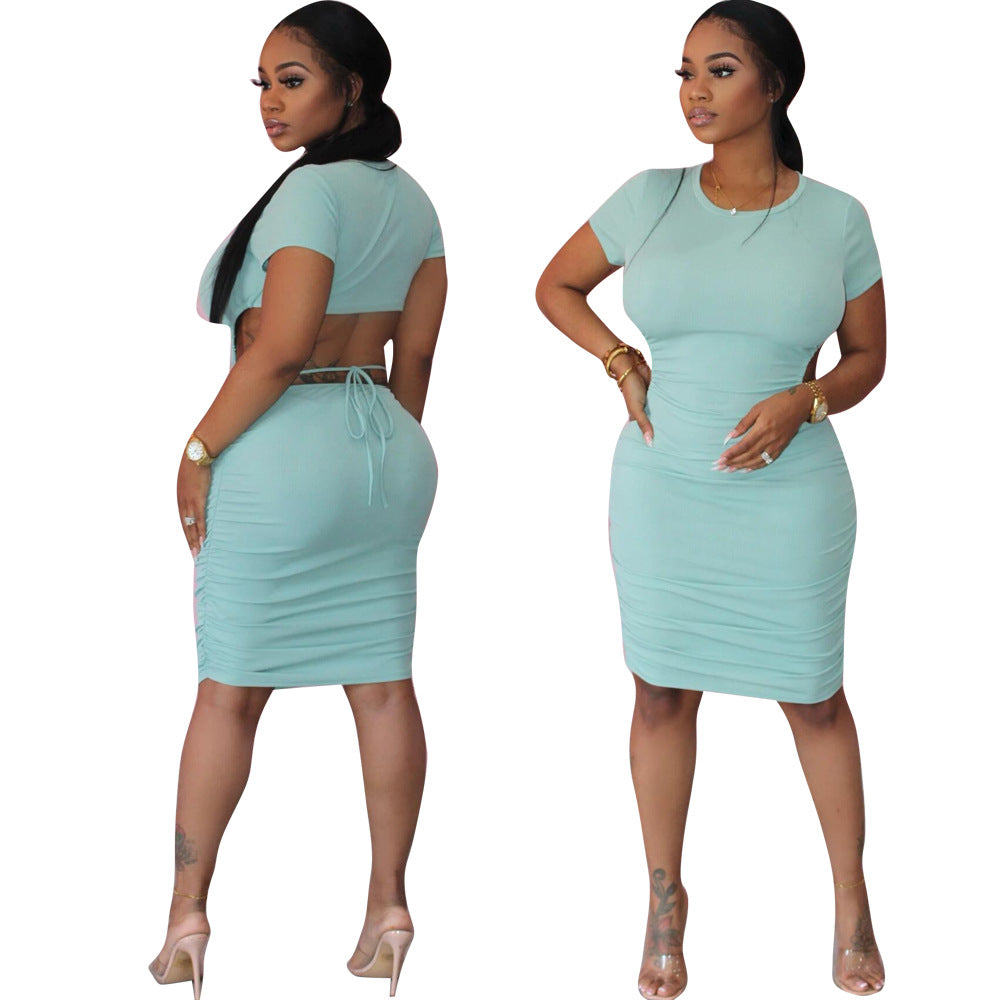 Spring Summer fashionable solid color round neck back hollow midi dress 14