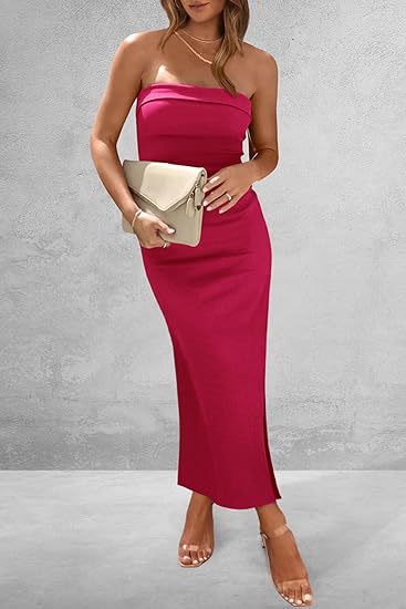 Women Side Slit Strapless Ribbed Dress 16