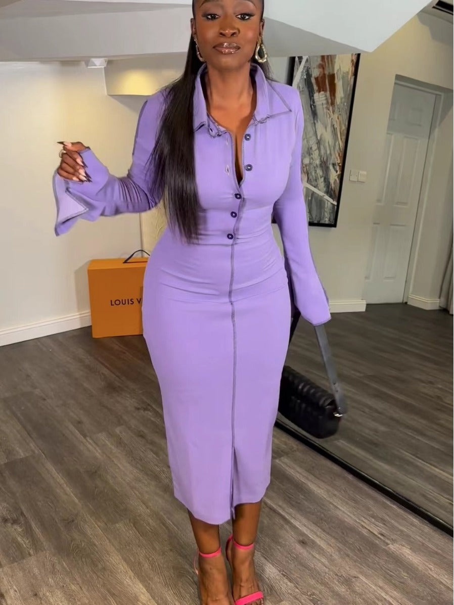 Women Bell Bottom Sleeve Button Dress