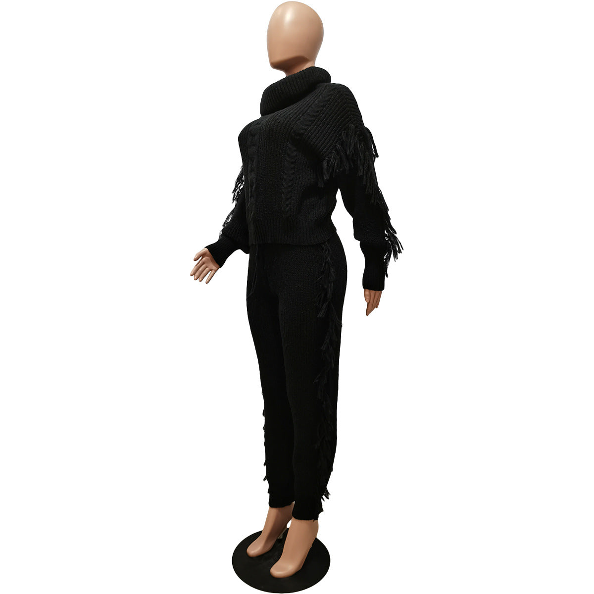 Women's Fashion Casual Solid Color Knitting Long Sleeve Turtleneck Tassel Set 15