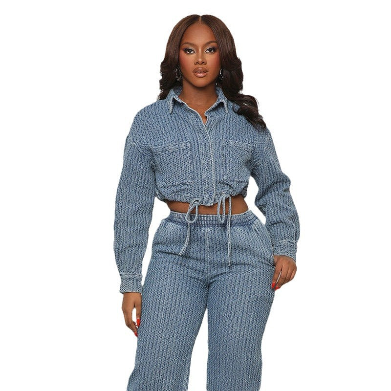 Fashion long-sleeved Denim women's two-piece trousers set 5