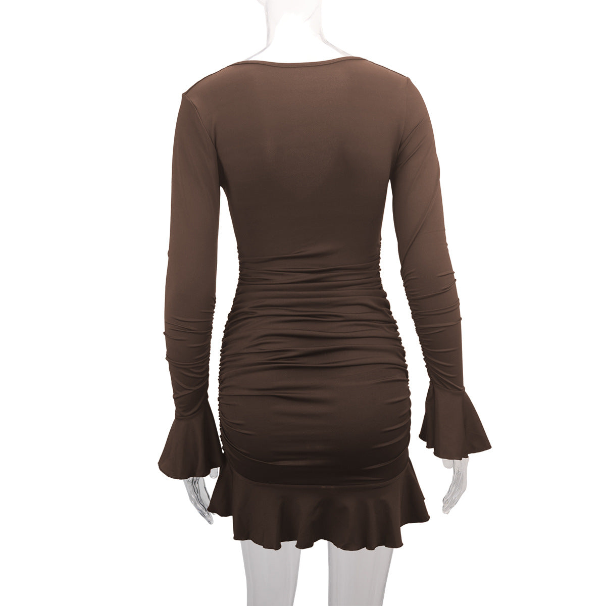 Fashion Sexy Deep V Neck Long Sleeve Ruffle Bodycon Dress 10