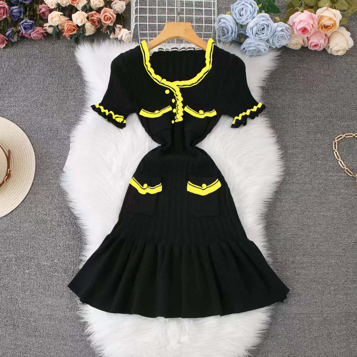 Women's Summer Fashion U-Neck Short Sleeve Ruffle Knit Dress 8