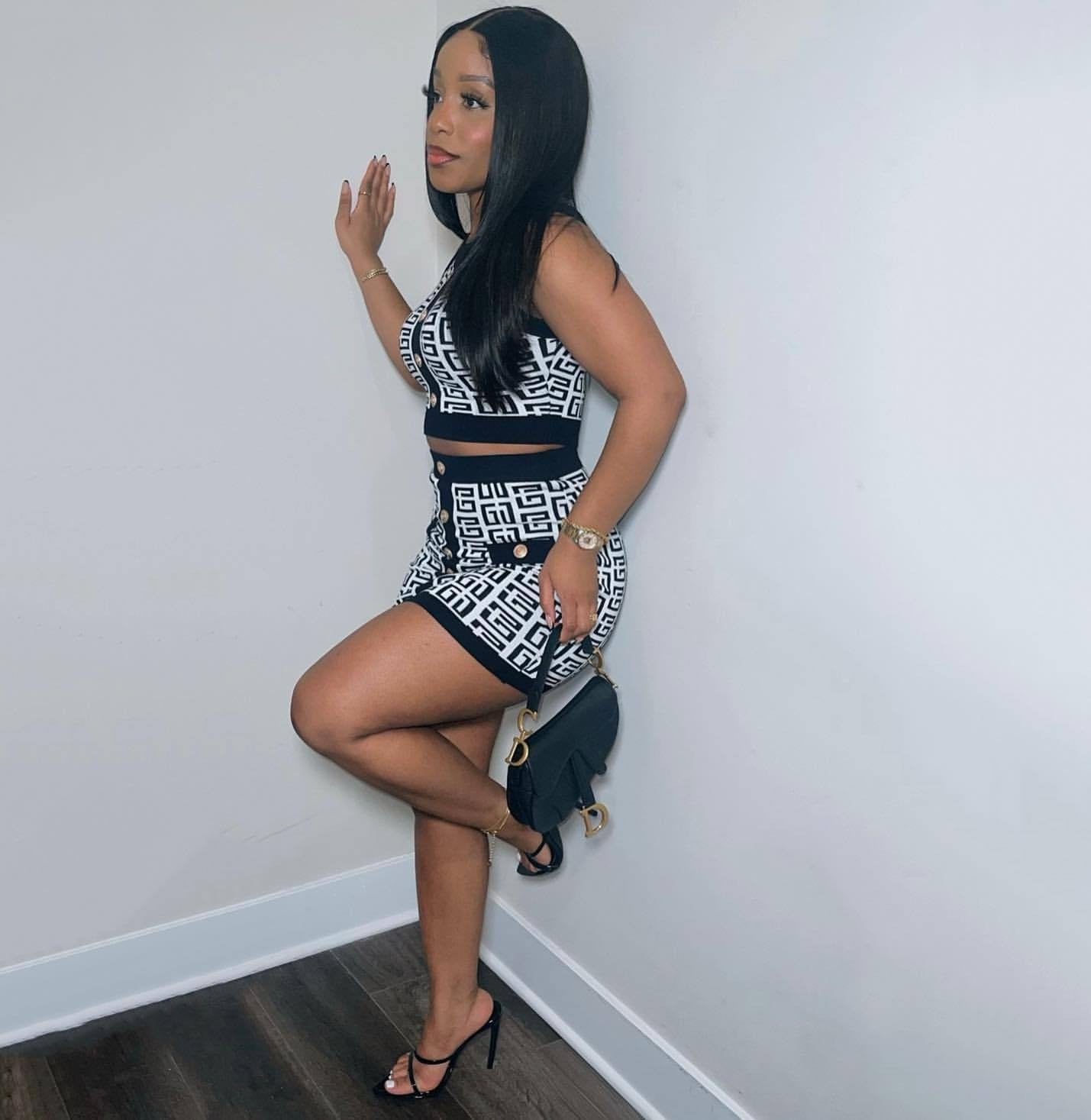 Women Round Neck Sleeveless Geometric Pattern Top and Skirt Two-Piece Set 10