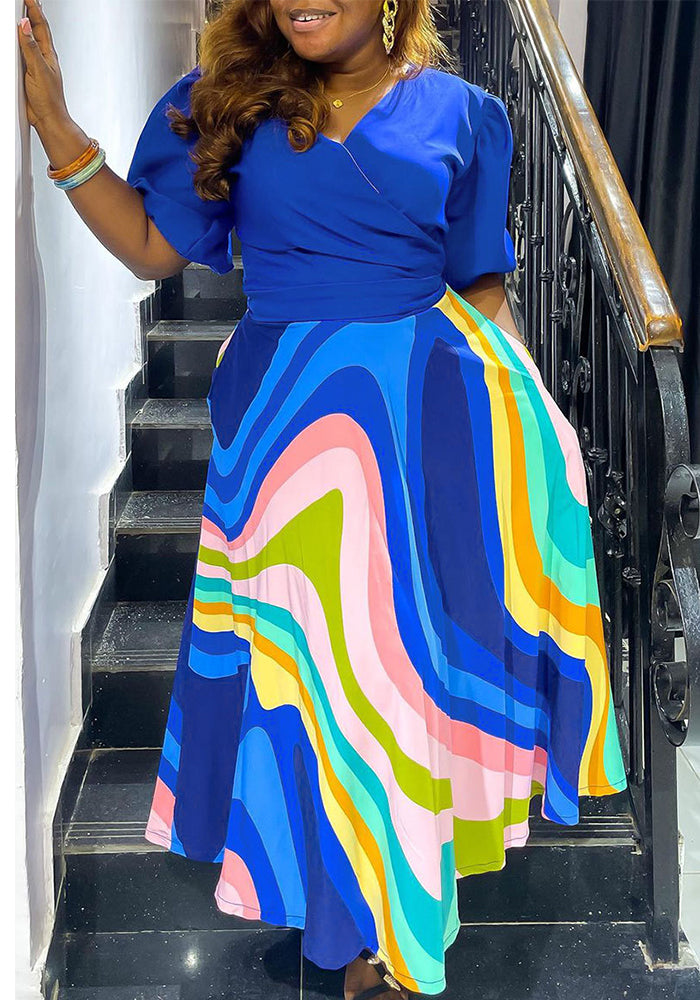 Women Sexy Contrast Print V-Neck Lace-Up Top and Skirt Two-piece Set