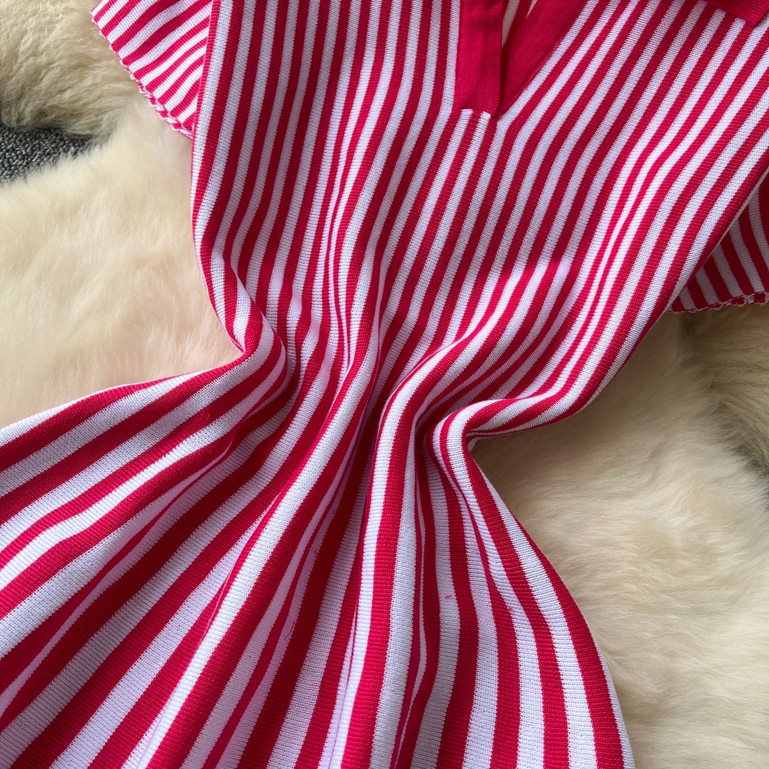 Contrast Turndown Collar Short-Sleeved Striped Women's Slim Waist Knitting Dress 14