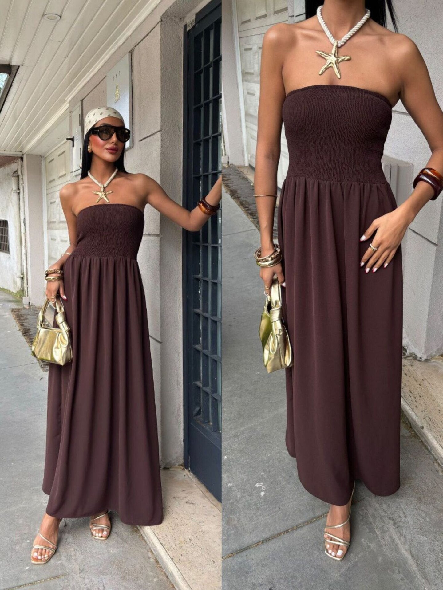 Summer Solid Strapless Slim Waist Maxi Dress 5