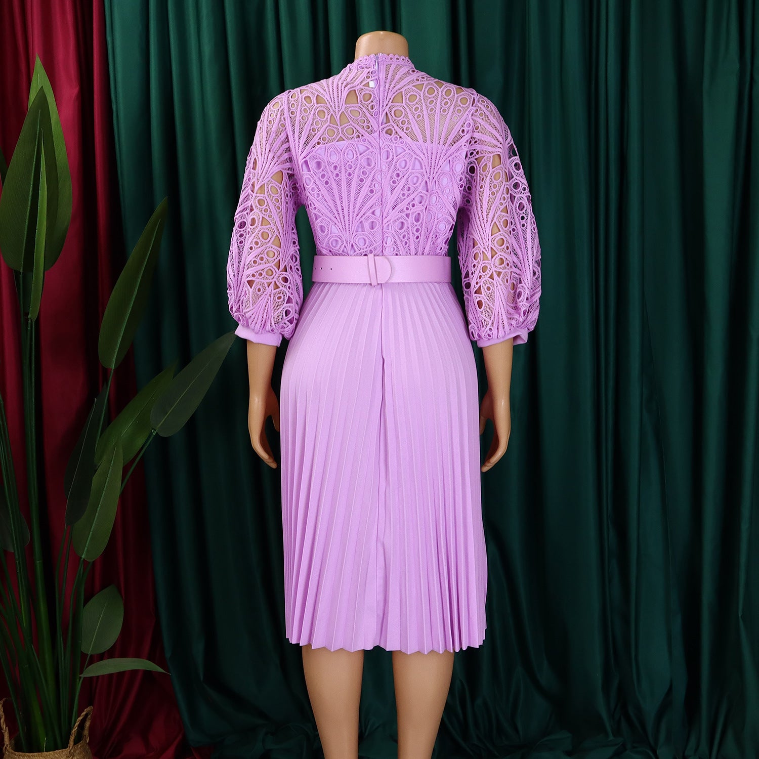 Women Solid lace hook flower hollow pleated dress 19