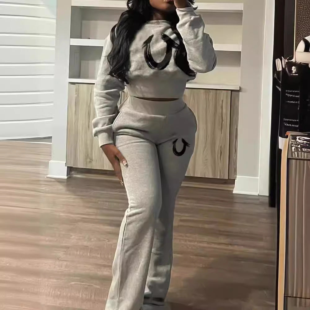 Fashionable Autumn And Winter Sports Long-Sleeved Top Straight Pants Two Piece Set