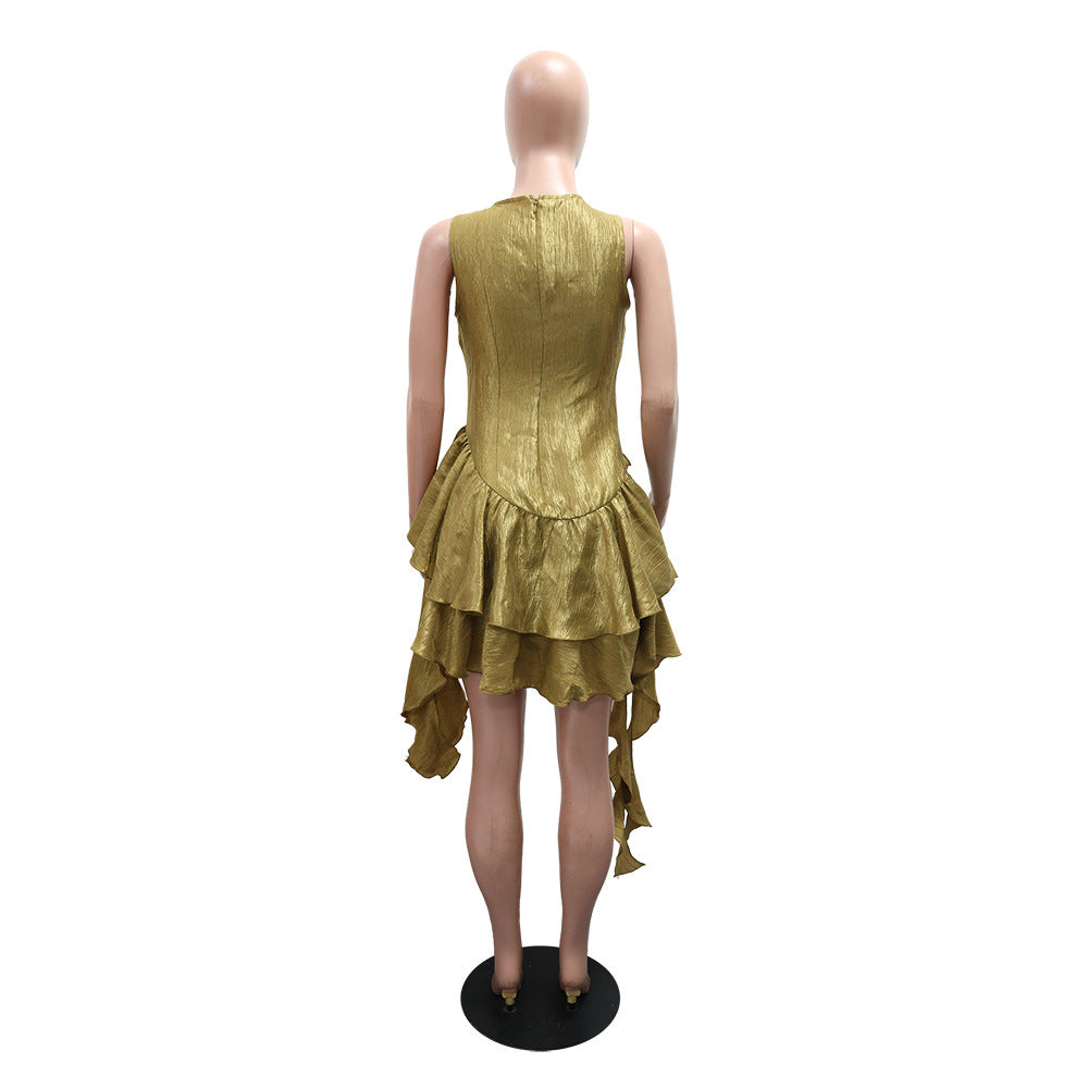 Round Neck Glitter Crinkle Irregular Solid Color Dress 9