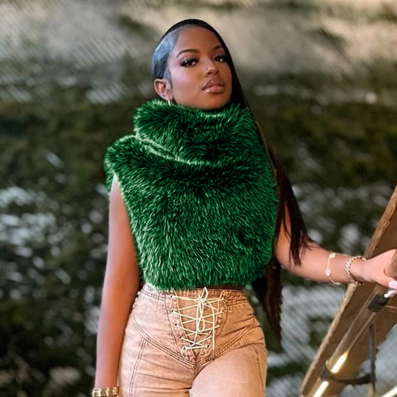 Women Fall/Winter Solid Furry Sleeveless Top 4