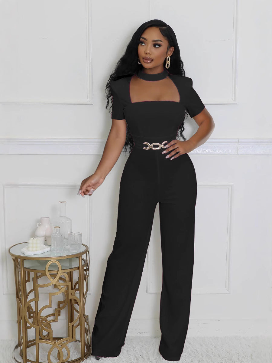 Women Elegant Scarf Short Sleeve Wide Leg Jumpsuit 5