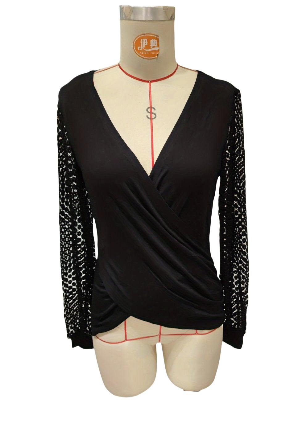 Spring Solid Color Patchwork Lace Lantern Sleeve Loose V-neck Women's Top 5