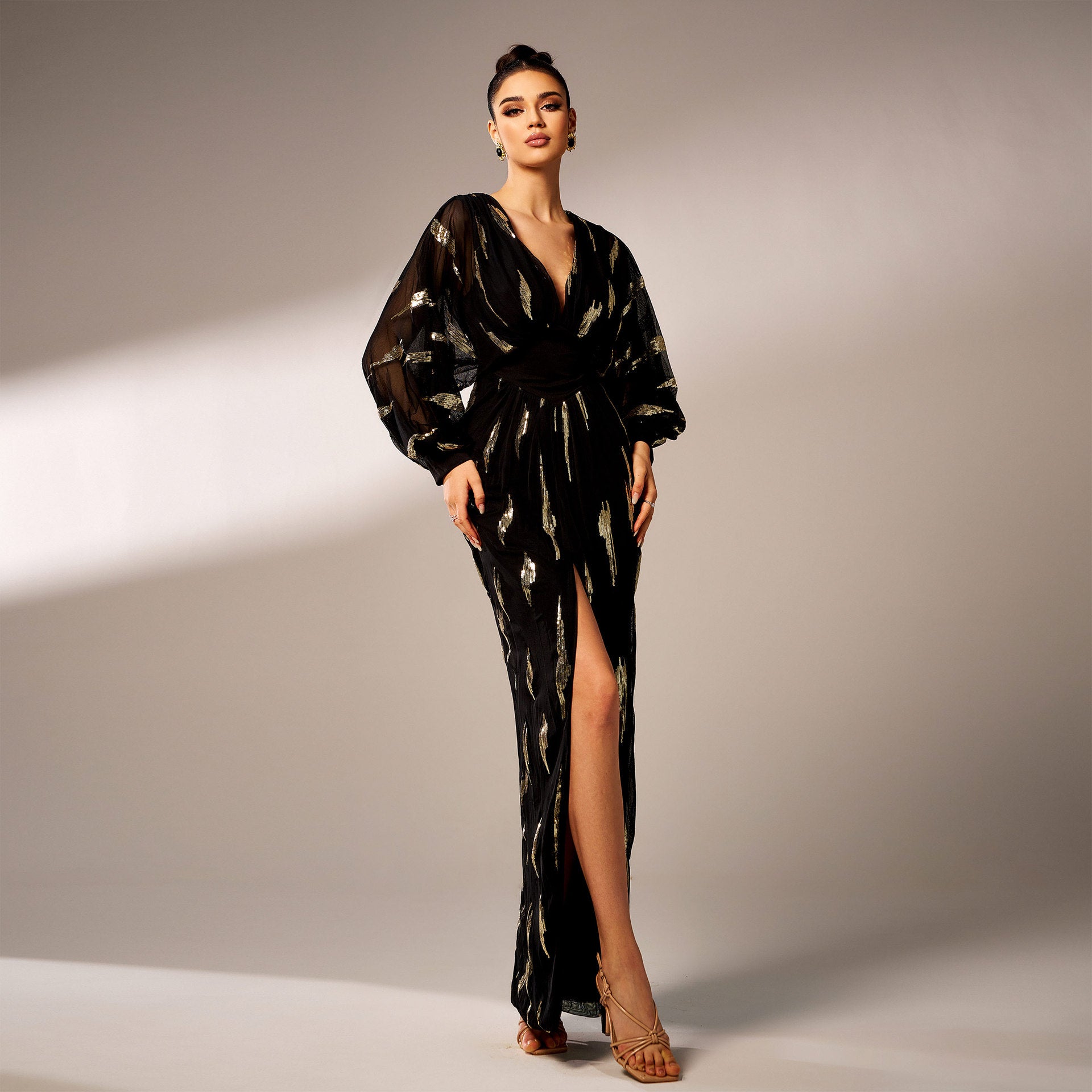 Women long sleeve V-neck sexy sequin Formal Party Maxi evening dress 6