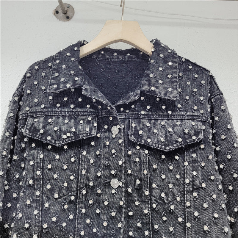 Diamond Denim Top Women's Spring Loose Slim Fit Long-Sleeved Short Jacket