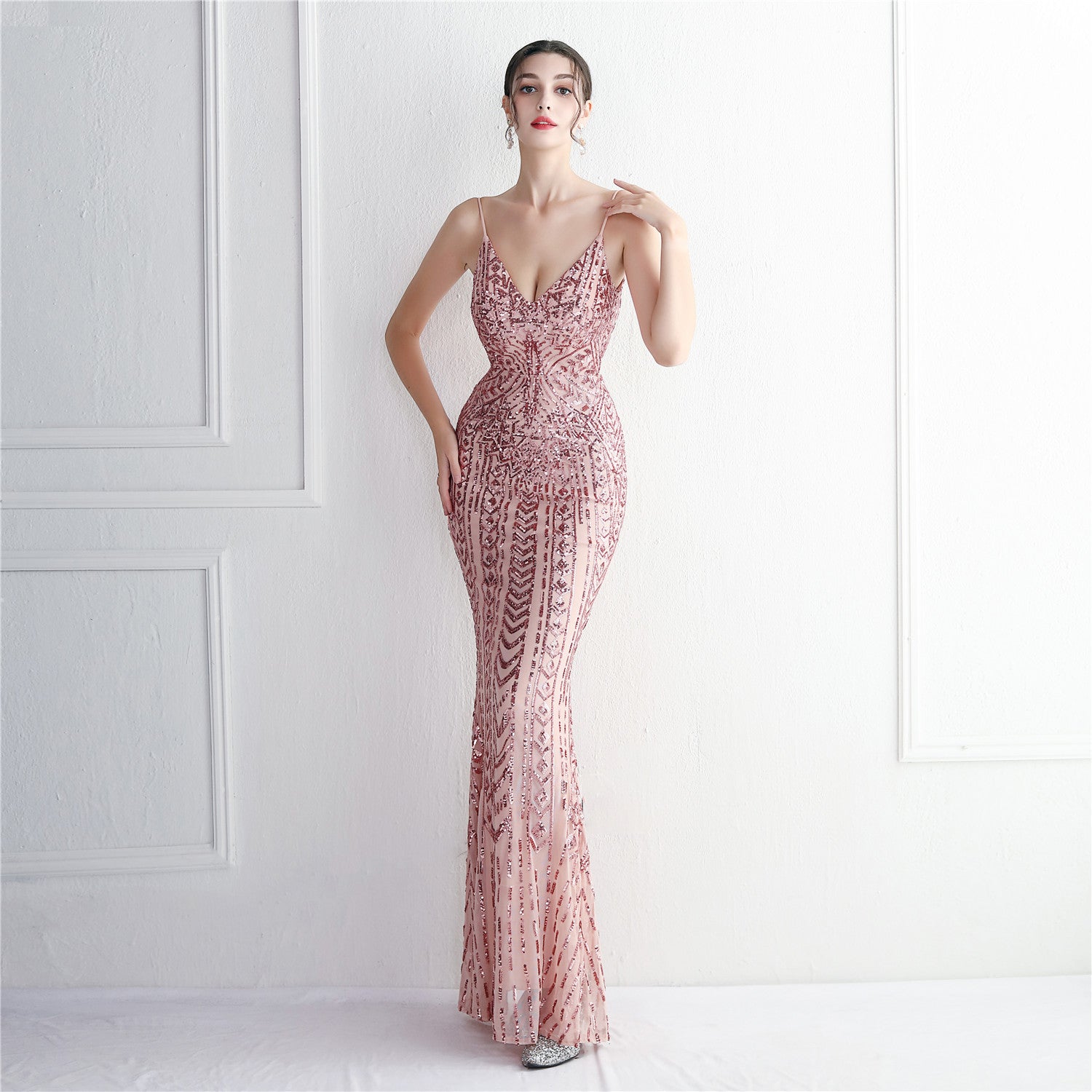 Positioning Floral Sling Evening Sequin Gown Long Formal Party Slim Evening Dress Chic Mermaid Dress 18
