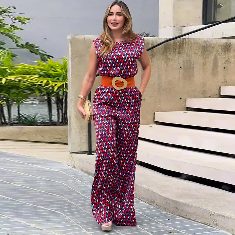 Women Summer Sleeveless Diamond Plaid Wide-Leg Jumpsuit