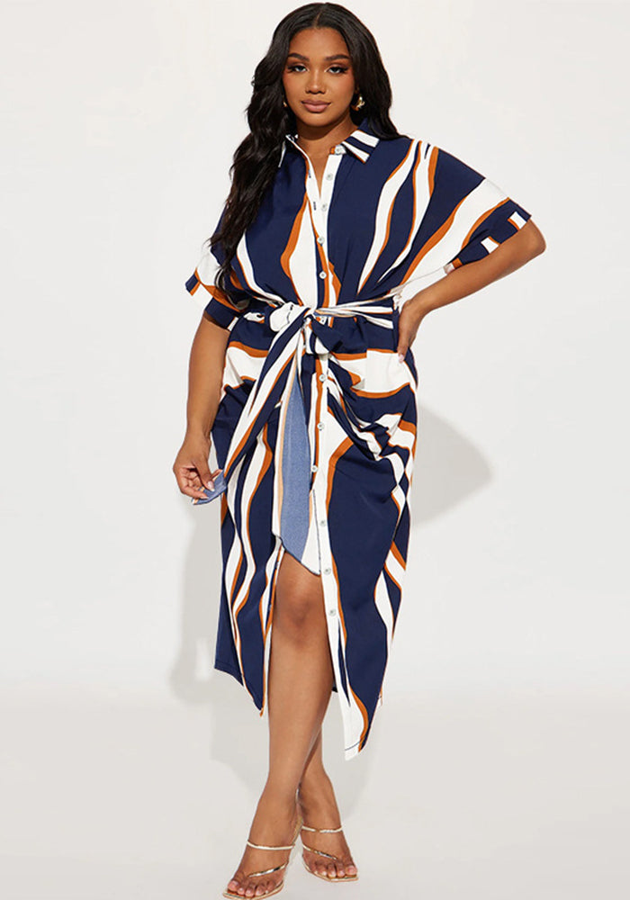 Plus Size Women's Turndown Collar Short Sleeve Striped Lace-Up Long Dress