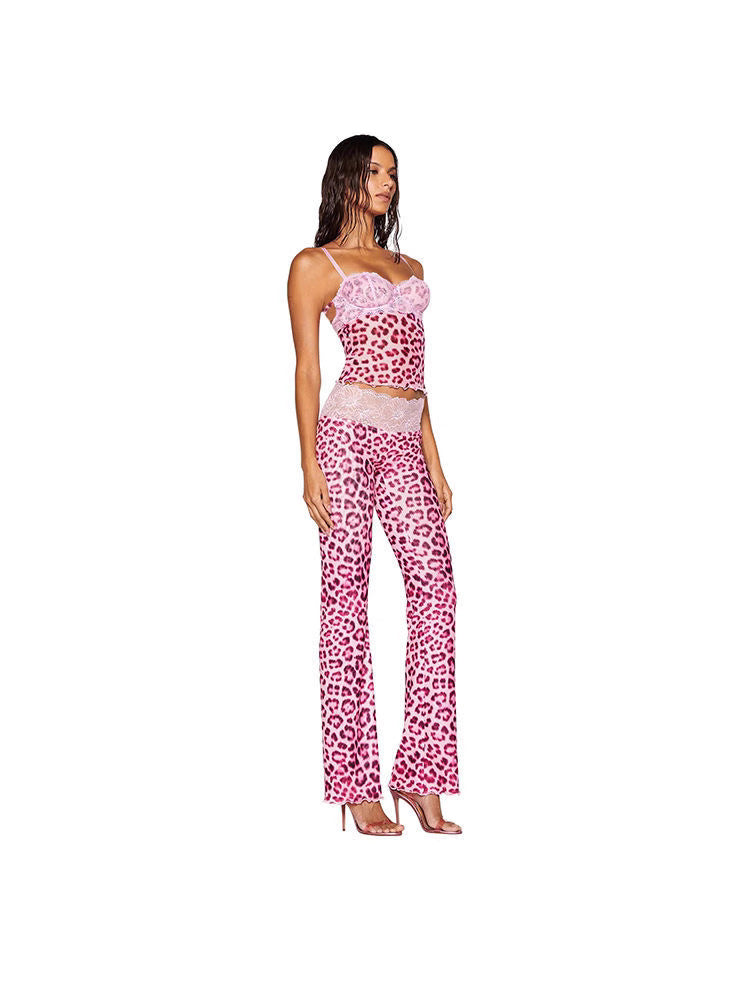 Spring Sexy Women's Leopard Strap Vest Tight Fitting Trousers Two Piece Set