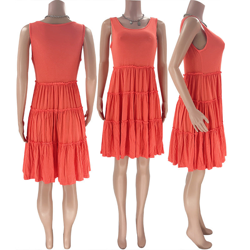 Summer Solid Round Neck Sleeveless Casual Women's Fashion Pleated Casual Dress 18