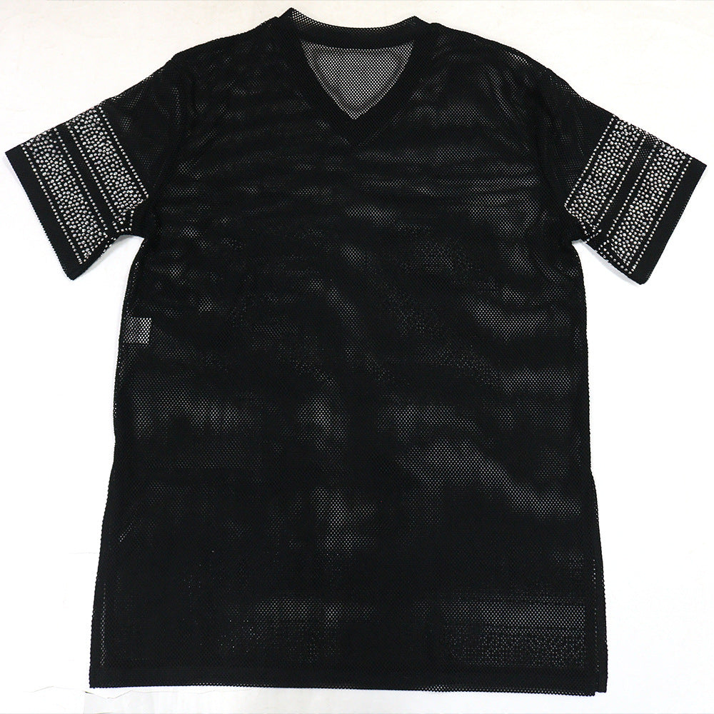 Women See-Through Round Neck Sexy Slit Beaded Top 20