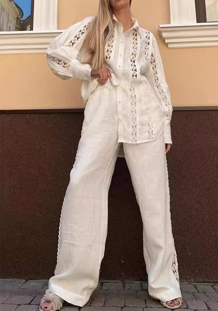 Women Spring Embroidered Hollow Career Shirt and Pants Two-piece Set
