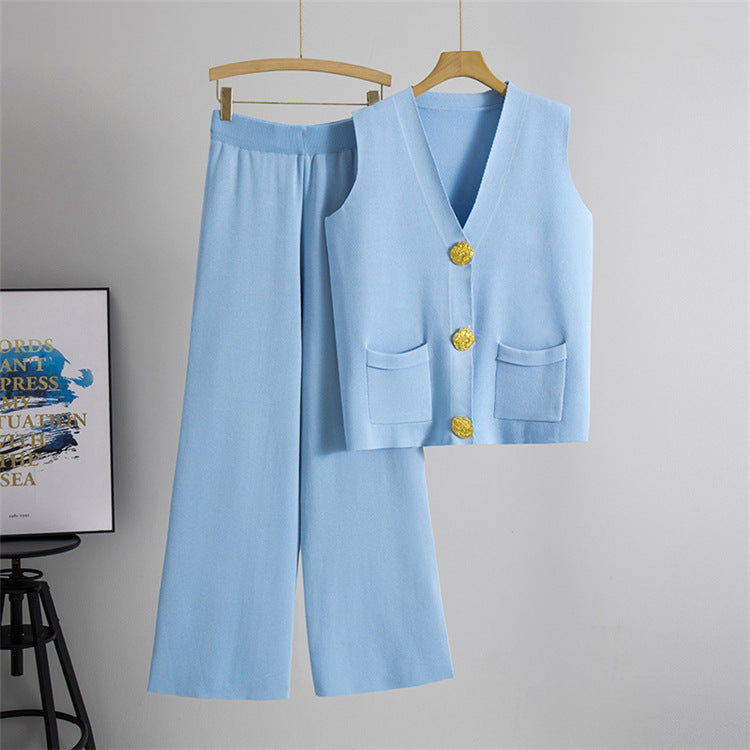 Button V-neck Knitted Vest Casual Pants Fashion Two-piece Suit