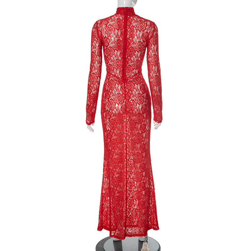 Women lace Patchwork half-high collar sexy dress 8