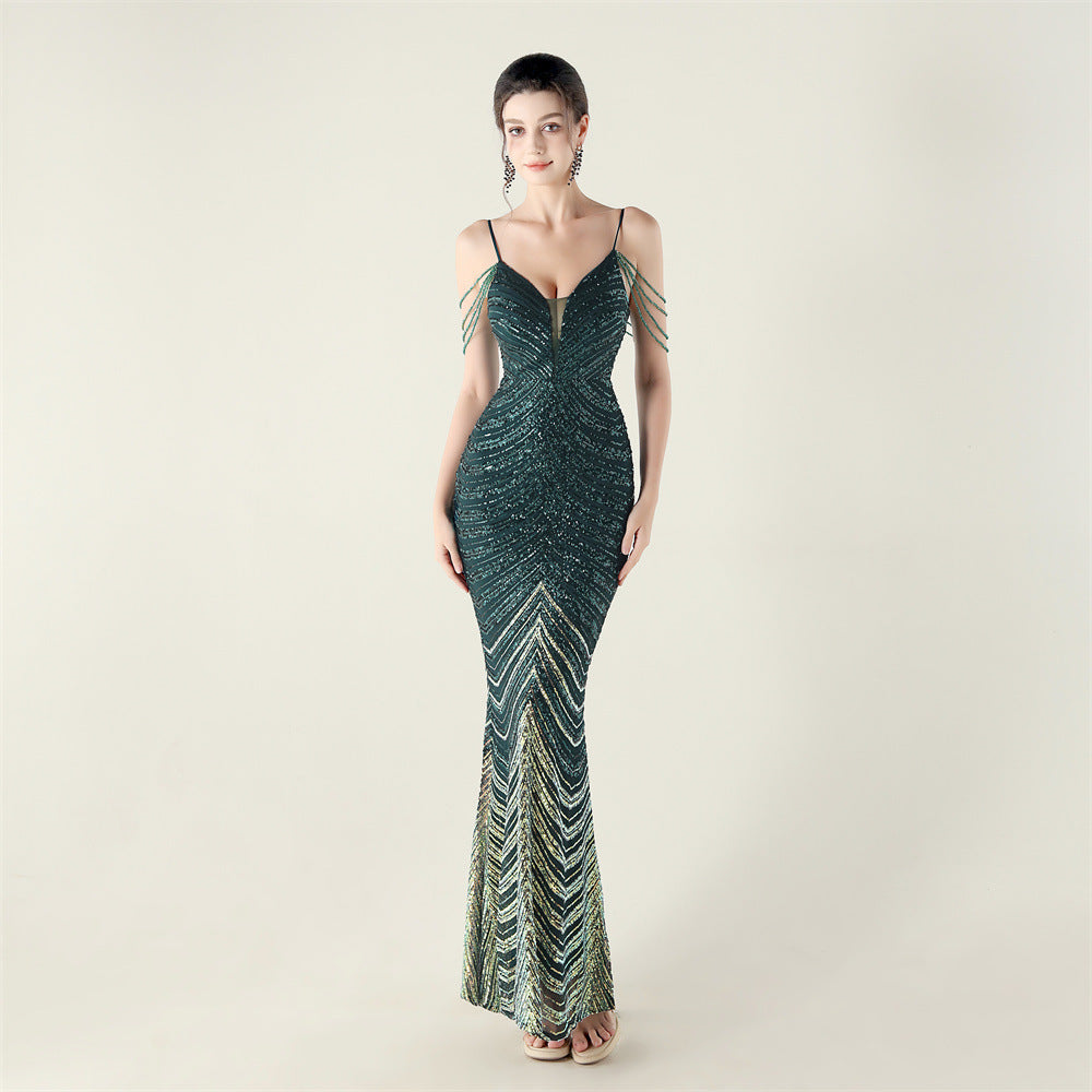 Plus Size Women V Neck Wave Gradient Beaded Beaded Formal Party Evening Dress 3