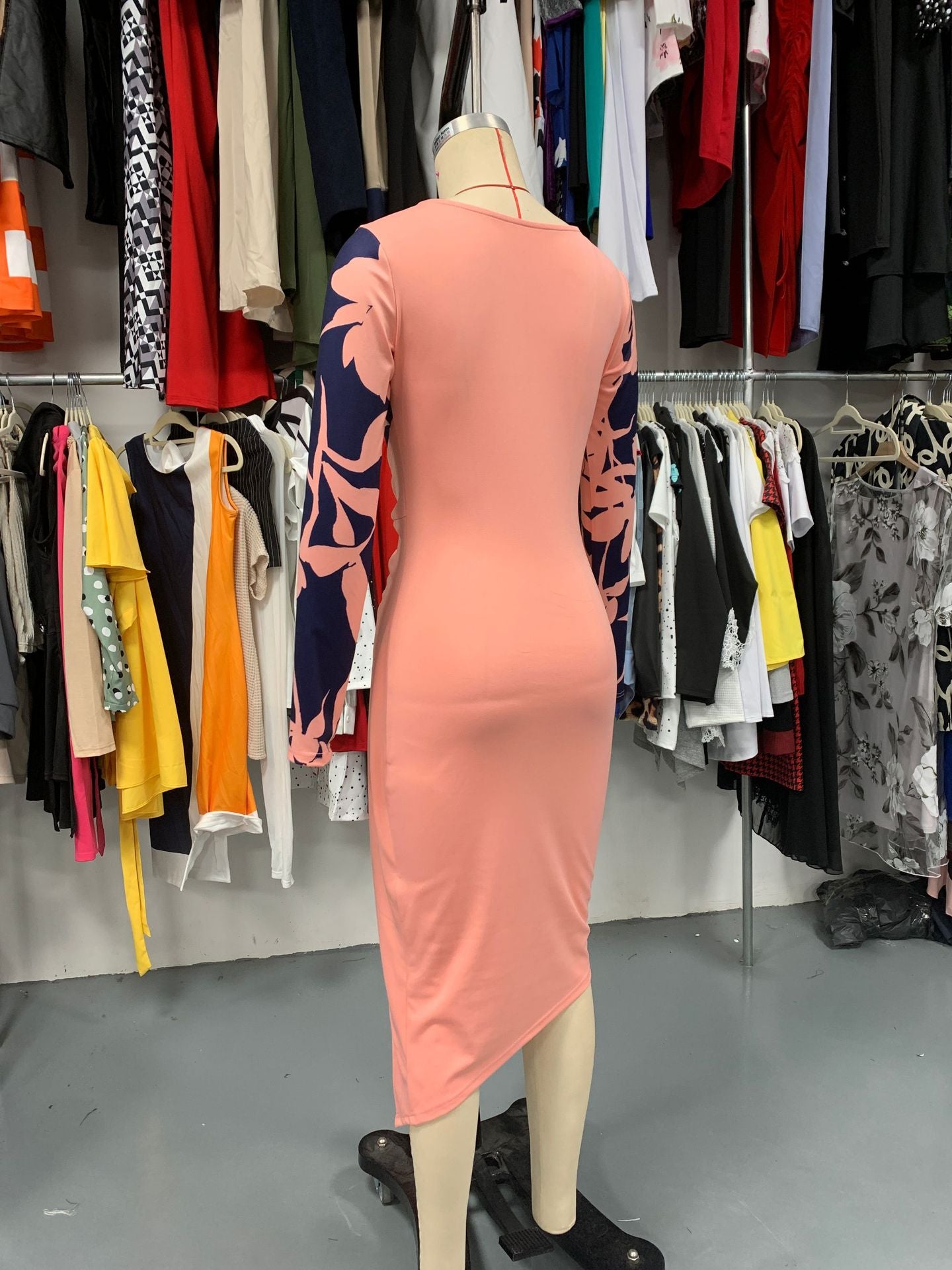 Women Pleated Long Sleeve Print Bodycon Dress 8