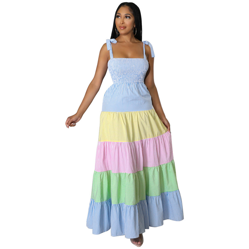 Women Fashion Contrast Striped Strap Maxi Dress